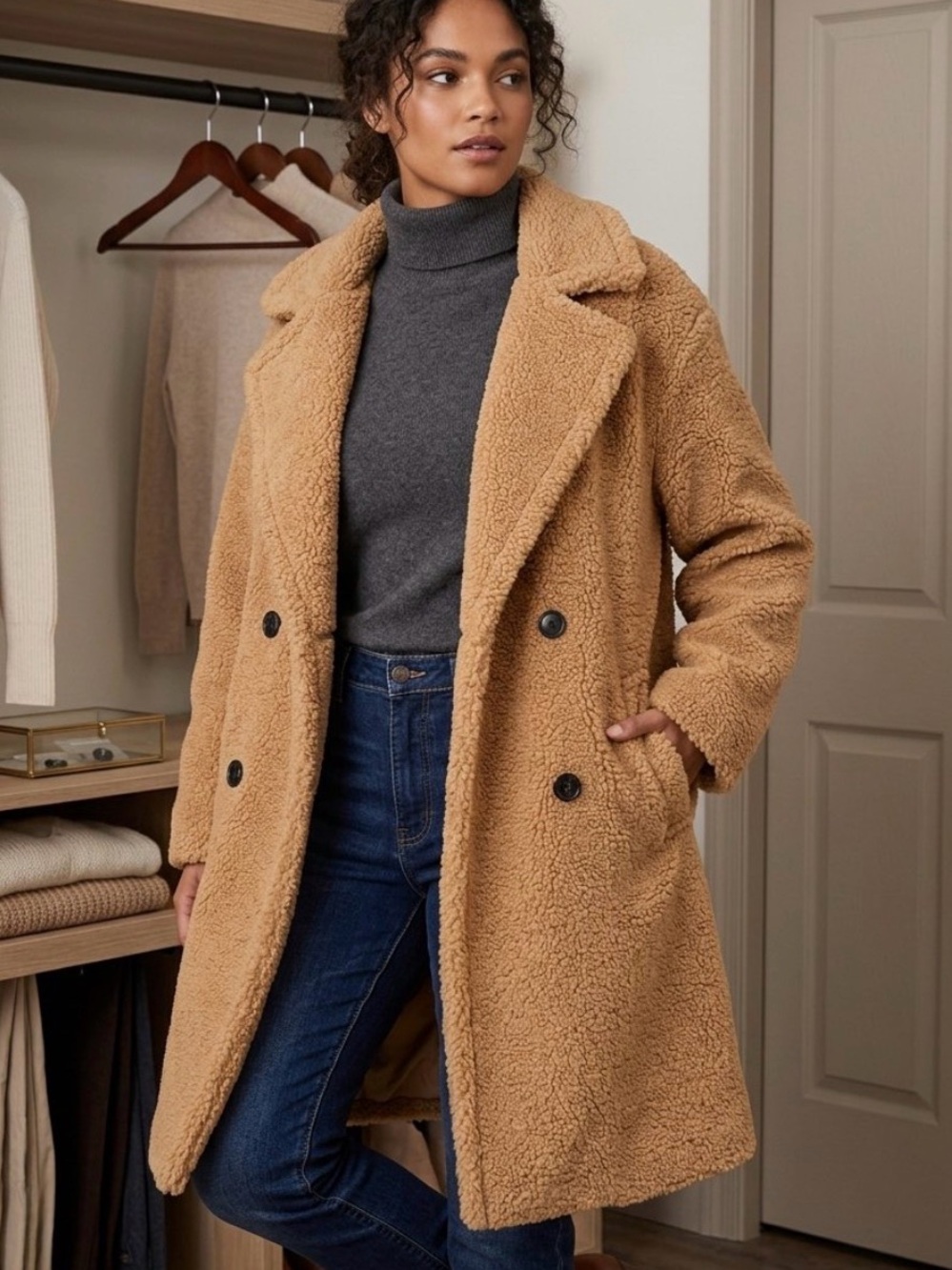 NWT Kendall and Kylie Cozy Double-Breasted Teddy Coat - Camel sizes S and XL